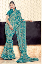 Mint Georgette Saree With Border And Blouse Piece