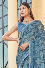 Steel Blue Georgette Saree With Border And Blouse Piece