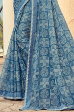 Steel Blue Georgette Saree With Border And Blouse Piece