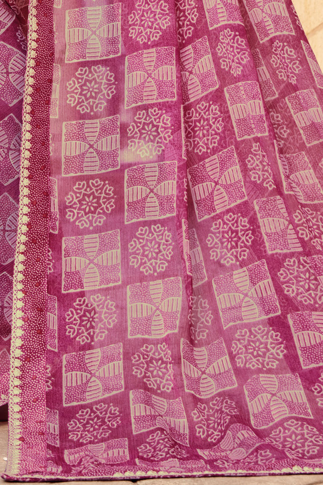 Deep Pink Georgette Saree With Border And Blouse Piece