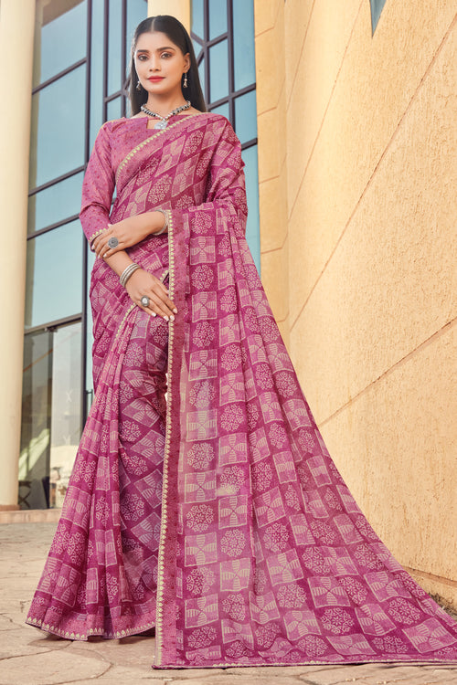 Deep Pink Georgette Saree With Border And Blouse Piece