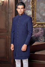 Navy Blue Thread Work Designer Sherwani For Men