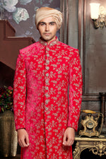 Candy Red Silk Embroidered Groom Sherwani