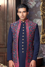Maroon With Blue Art Silk Jacket Style In  Sherwani
