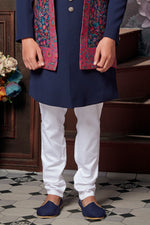 Maroon With Blue Art Silk Jacket Style In  Sherwani