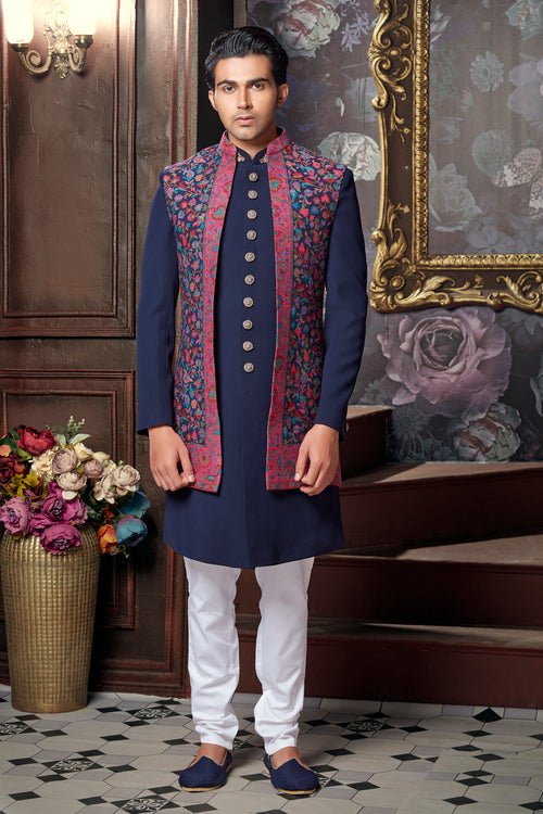 Maroon With Blue Art Silk Jacket Style In  Sherwani