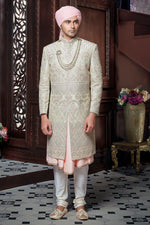 Cream Anarkali Style Readymade Groom Wear Sherwani