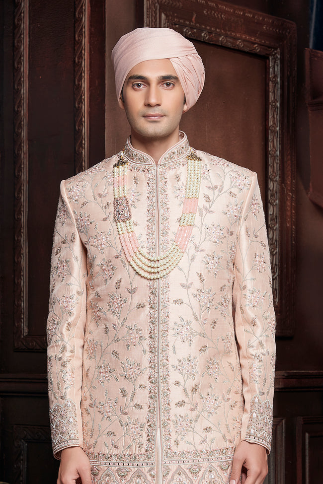 Golden Cream Silk Sherwani With Heavy Embroidery For Men