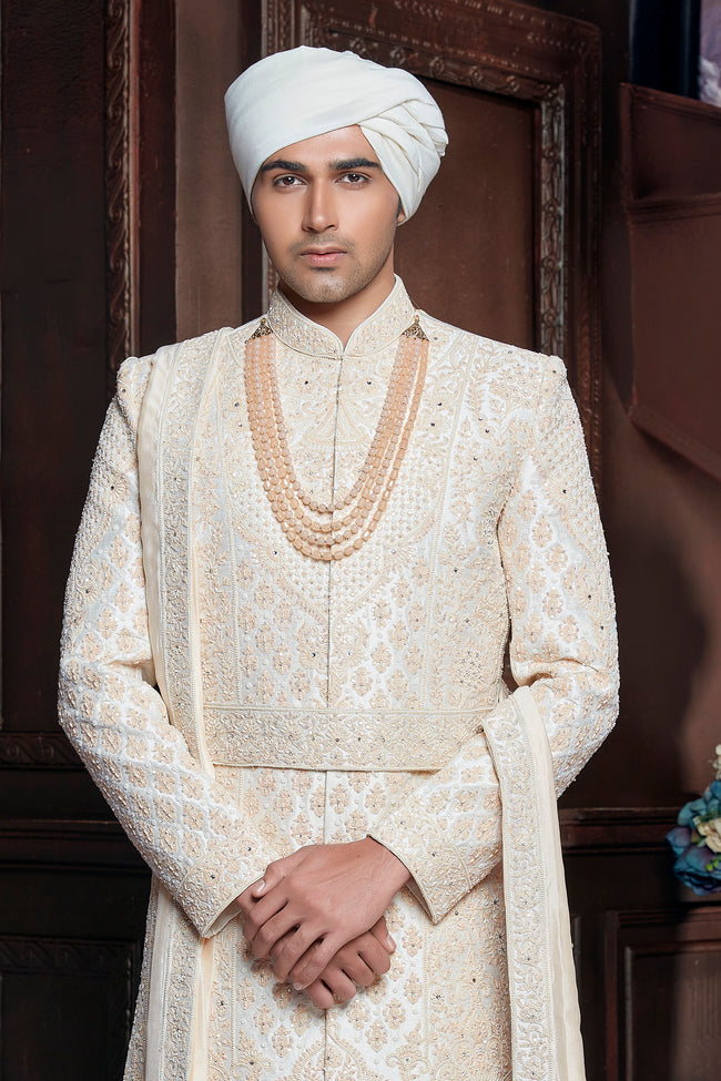 White Silk Sherwani With Hand Embroidery Work For Men