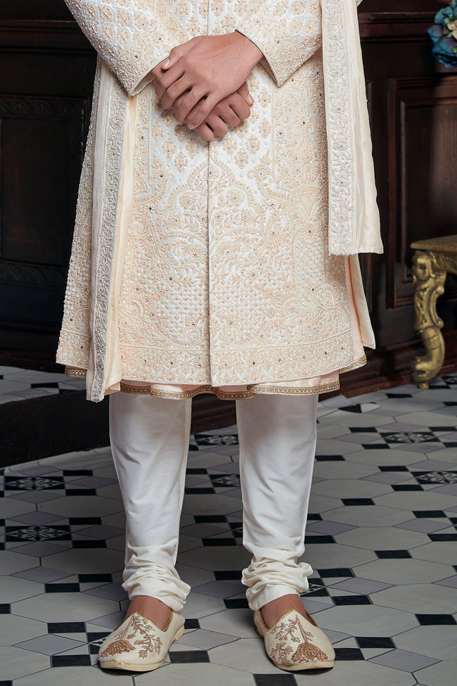 White Silk Sherwani With Hand Embroidery Work For Men