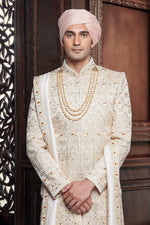 Off White Art Silk Sherwani With Thread Embroidery For Men