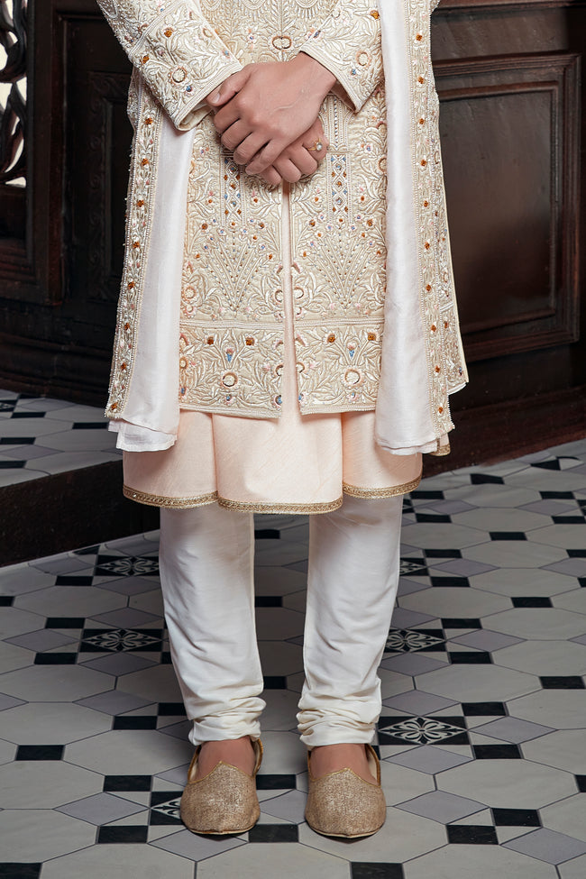 Off White Art Silk Sherwani With Thread Embroidery For Men