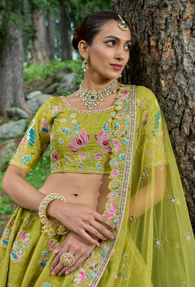 Blush Pink & Parrot Green Embroidered Lehenga Set Design by Mani Bhatia at  Pernia's Pop Up Shop 2024