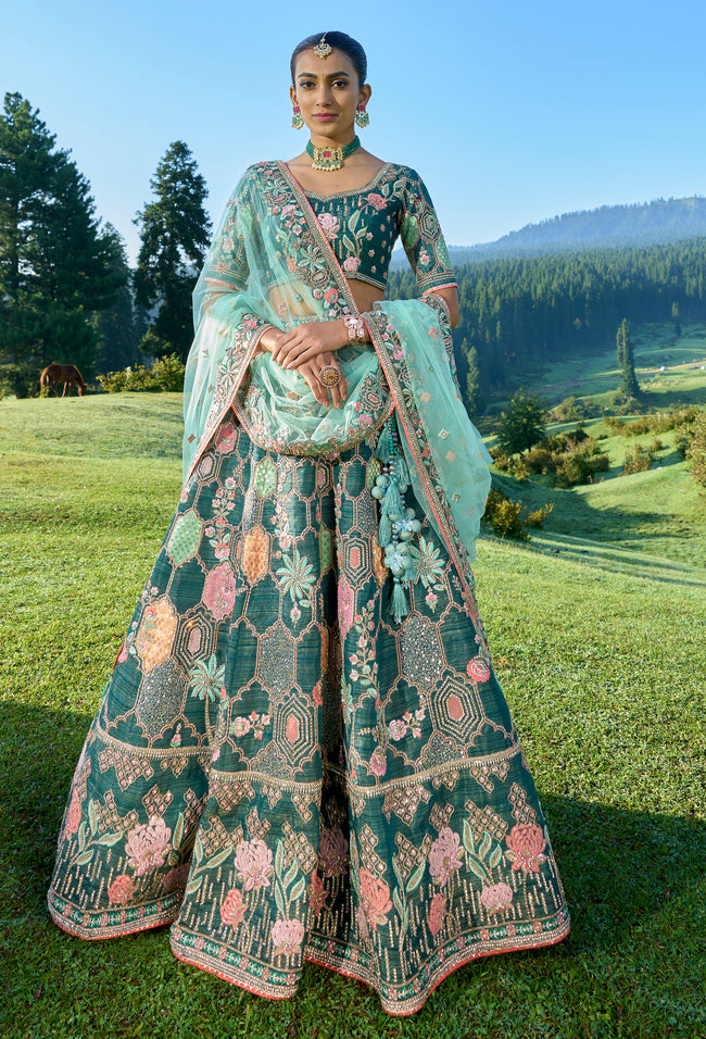 Peacock Green Embroidery Lehenga set – Megha and Jigar