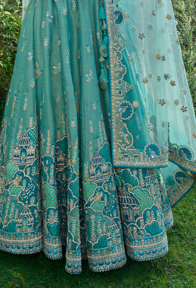 Aqua Blue Georgette Sequins Embellished Lehenga Choli