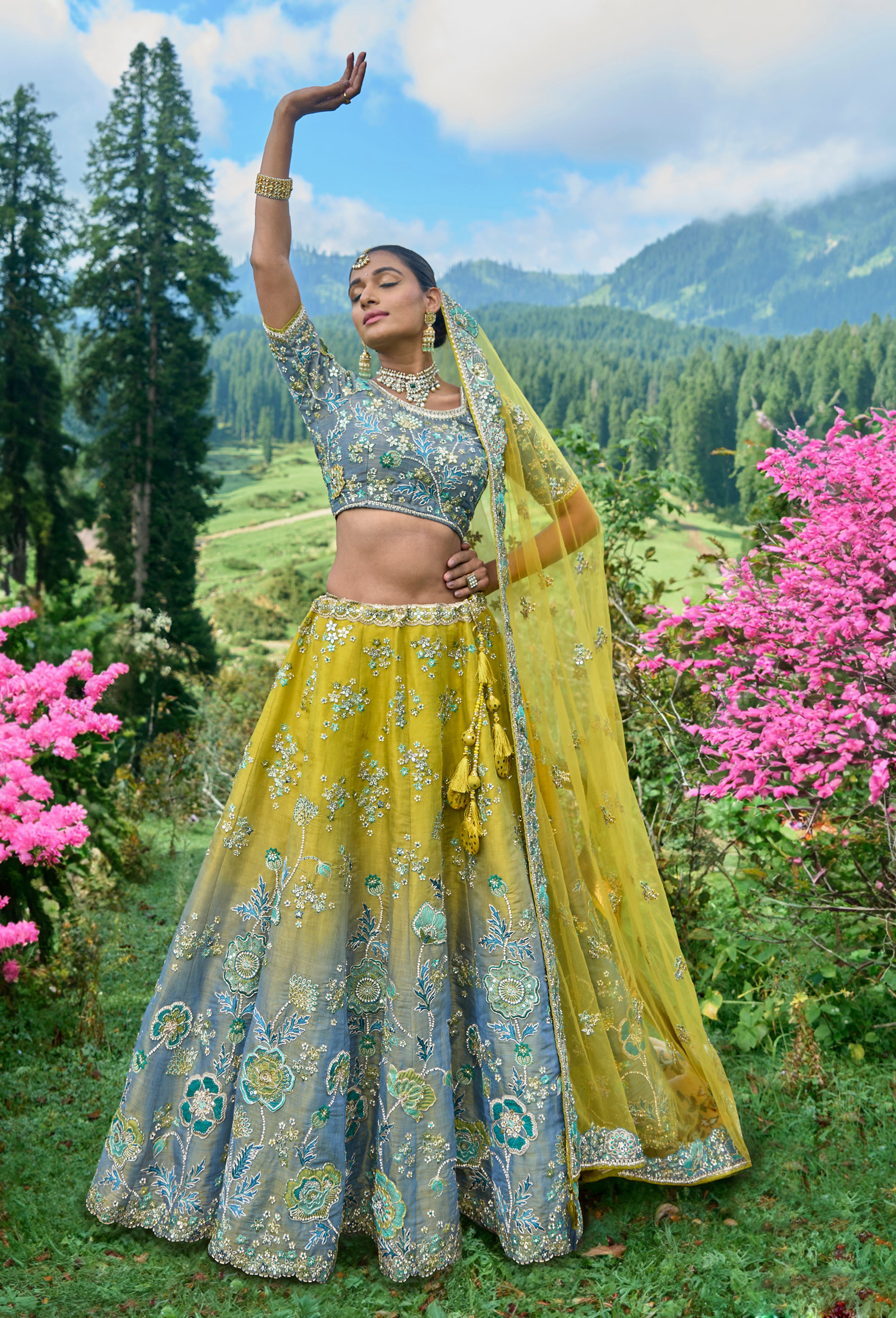 Green Yellow Lehenga Choli Net Chunri Designer Sari Saree Party  Indithanksgiving | eBay