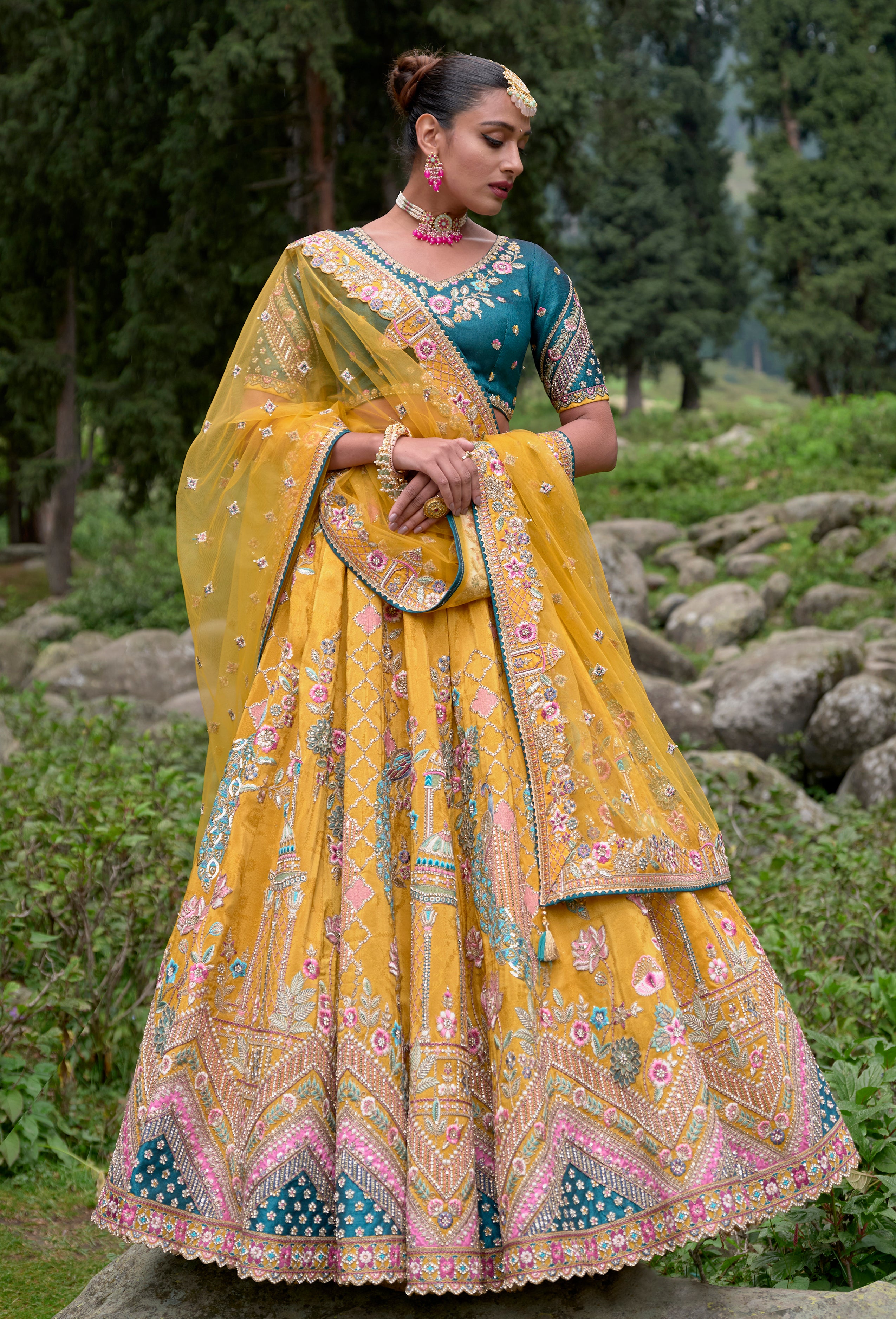 RE - Floral printed yellow faux georgette lehenga
