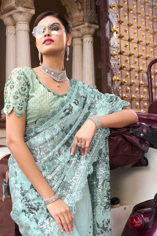 Sea Green Imported & Net Saree With Blouse Piece