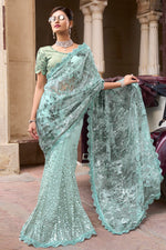 Sea Green Imported & Net Saree With Blouse Piece