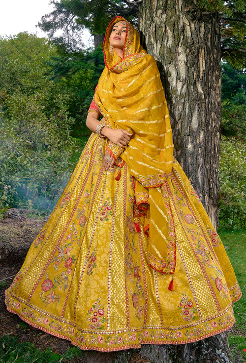Mustard Yellow Designer Silk Embroidered Lehenga Choli