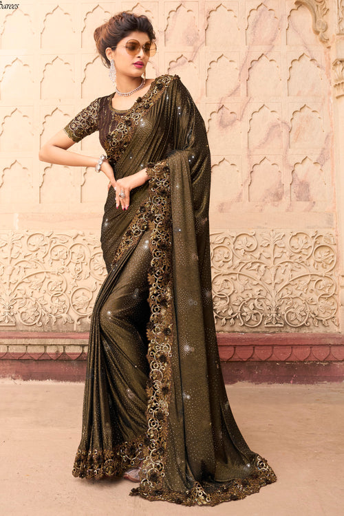 Sepia Brown Lycra Saree With Sequence Pallu With Blouse Piece