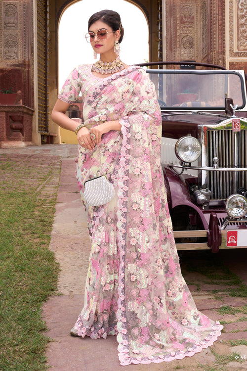 Cream With Light Pink Digital Sequence Net Saree And Blouse Piece
