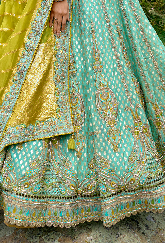 Turquoise Woven Floral Embroidered A Line Silk Lehenga Choli