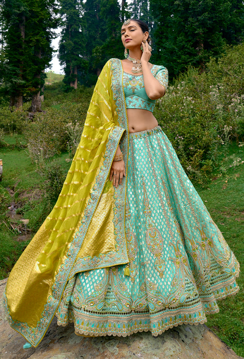 SKY BLUE TULLE LEHENGA SET WITH SELF EMBROIDERY AND MATCHING FRILL DUPATTA  - Seasons India