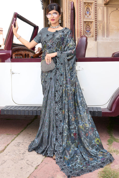 Dark Grey Imported Digital Pallu & Digital Net Saree With Blouse Piece
