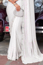 White Lycra Saree With Sequence Pallu With Blouse Piece
