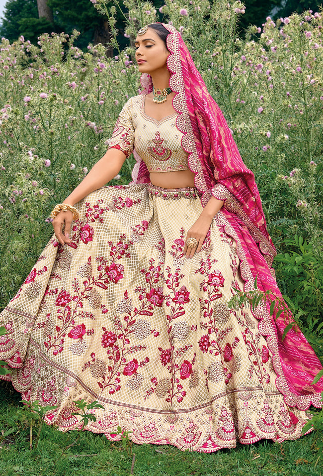 Cream And Pink Satin Silk Resham Embroidered Lehenga Choli