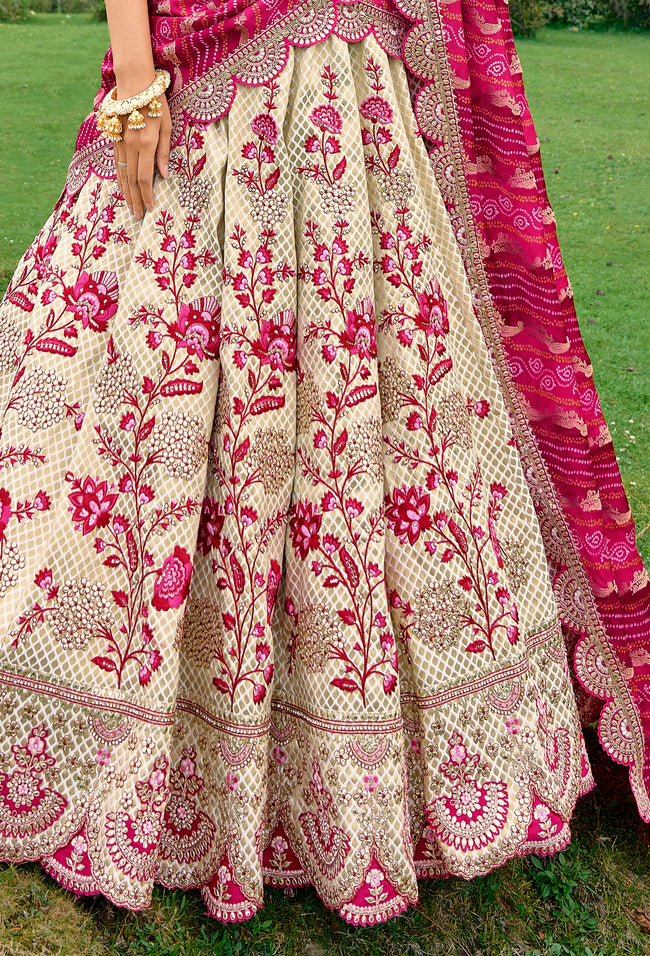 Cream And Pink Satin Silk Resham Embroidered Lehenga Choli