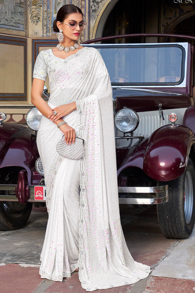 White Lycra Saree With Sequence Pallu With Blouse Piece