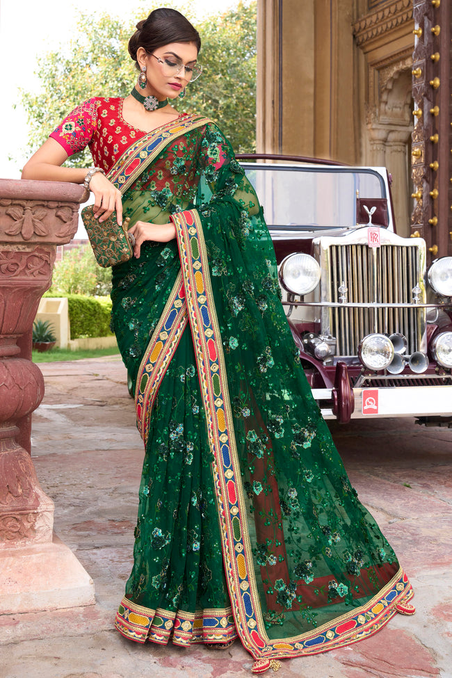 Pine Green Digital Net Saree With Heavy Embroidery Blouse Piece