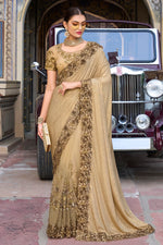 Dark Tan Imported & Net Saree With Blouse Piece
