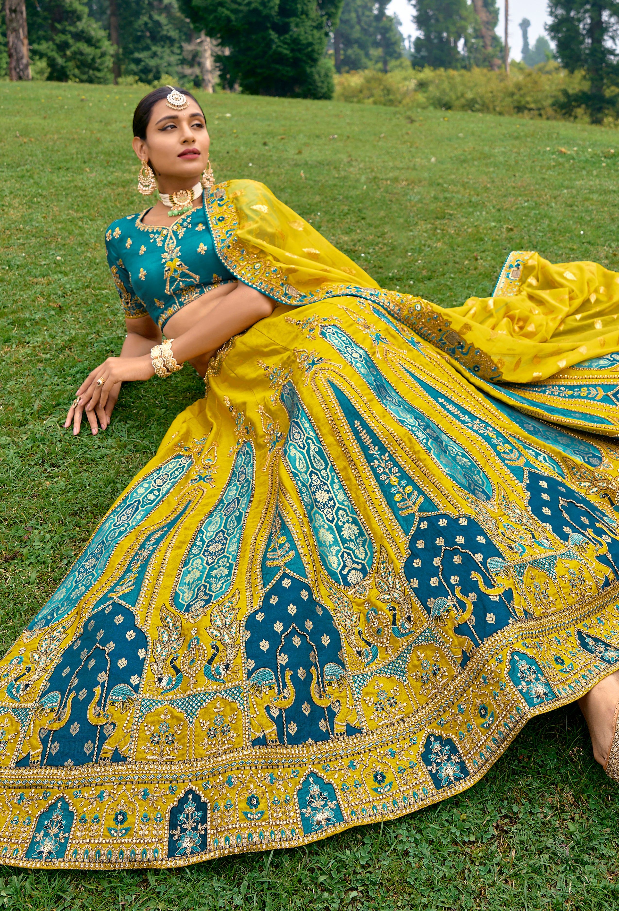 Buy Designer Blue Yellow Lehenga Brocade Fabric Lehengas With Inner Cancan  Canvas Semi Stitch Size Weeding Party Wear Lehenga Saree Online in India -  Etsy