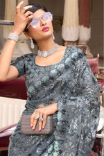 Fog Grey Digital Sequence Net Saree And Blouse Piece