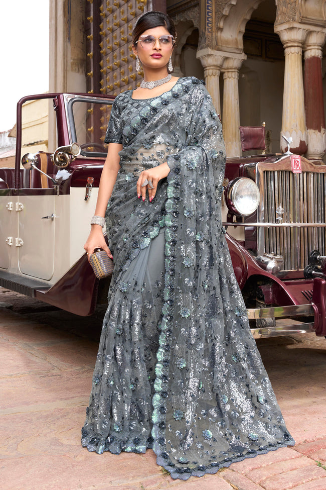 Fog Grey Digital Sequence Net Saree And Blouse Piece