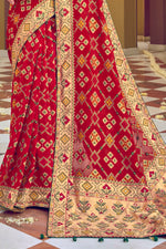 Red Pure Georgette & Viscos Bandhani Saree With Border Latkan Pallu And Green Embroidered Blouse Piece