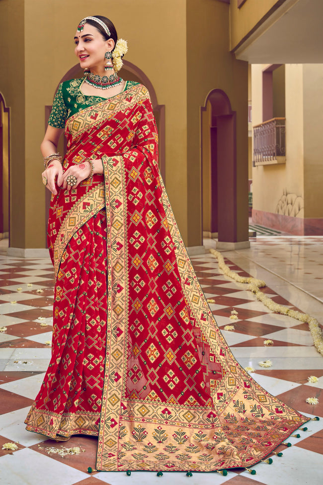Red Pure Georgette & Viscos Bandhani Saree With Border Latkan Pallu And Green Embroidered Blouse Piece