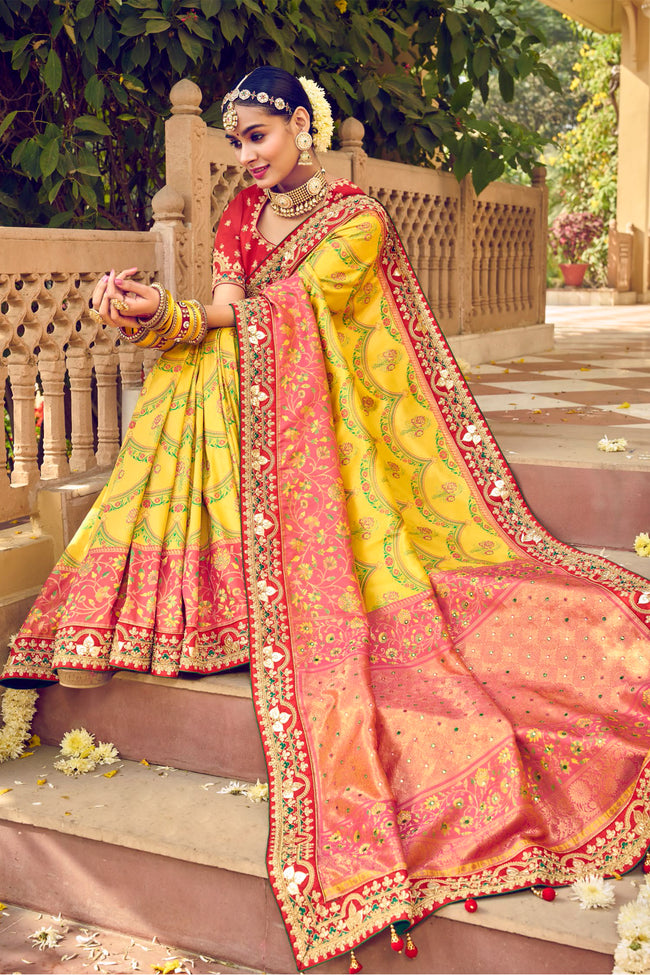 Amber Yellow Patan Patola Pure Silk Bandhani Saree With Red Embroidered Border Latkan Pallu And Embroidered Blouse Piece