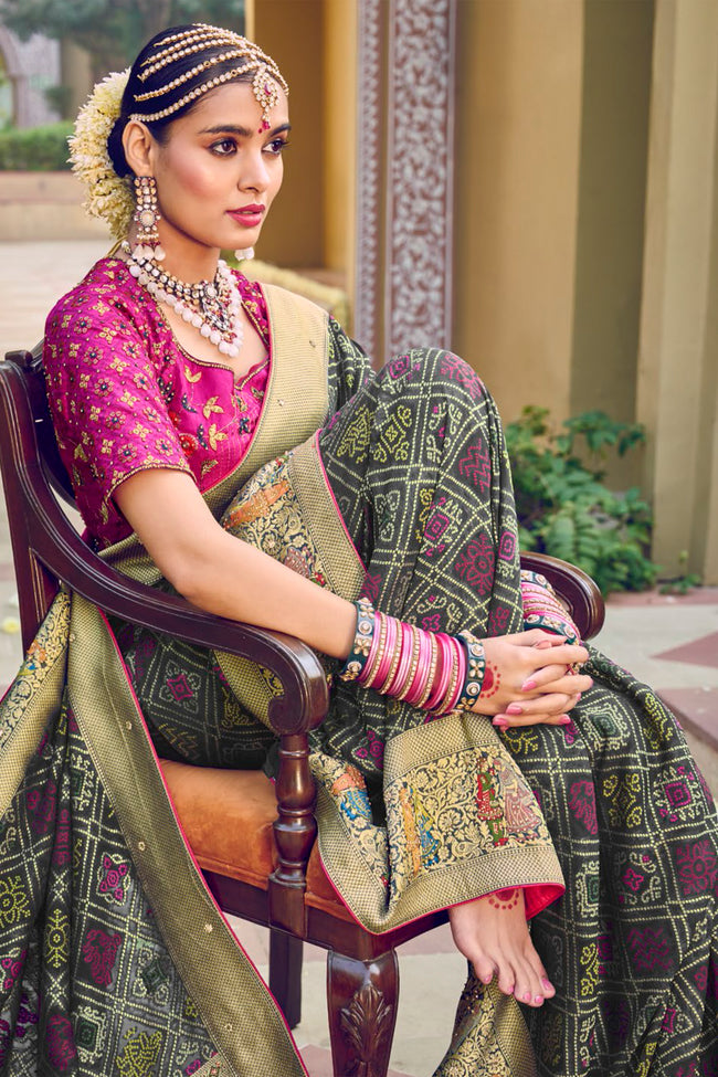 Black Pure Georgette & Viscos Bandhani Saree With Border Latkan Pallu And Pink Embroidered Blouse Piec