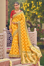Yellow Pure Georgette & Viscos Bandhani Saree With Border Latkan Pallu And Red Embroidered Blouse Piece