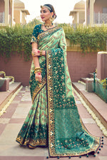 Sea Green Patan Patola Pure Silk Bandhani Saree With Embroidered Border Latkan Pallu And Teal Embroidered Blouse Piece