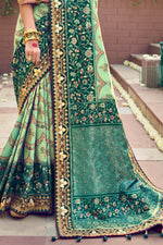 Sea Green Patan Patola Pure Silk Bandhani Saree With Embroidered Border Latkan Pallu And Teal Embroidered Blouse Piece
