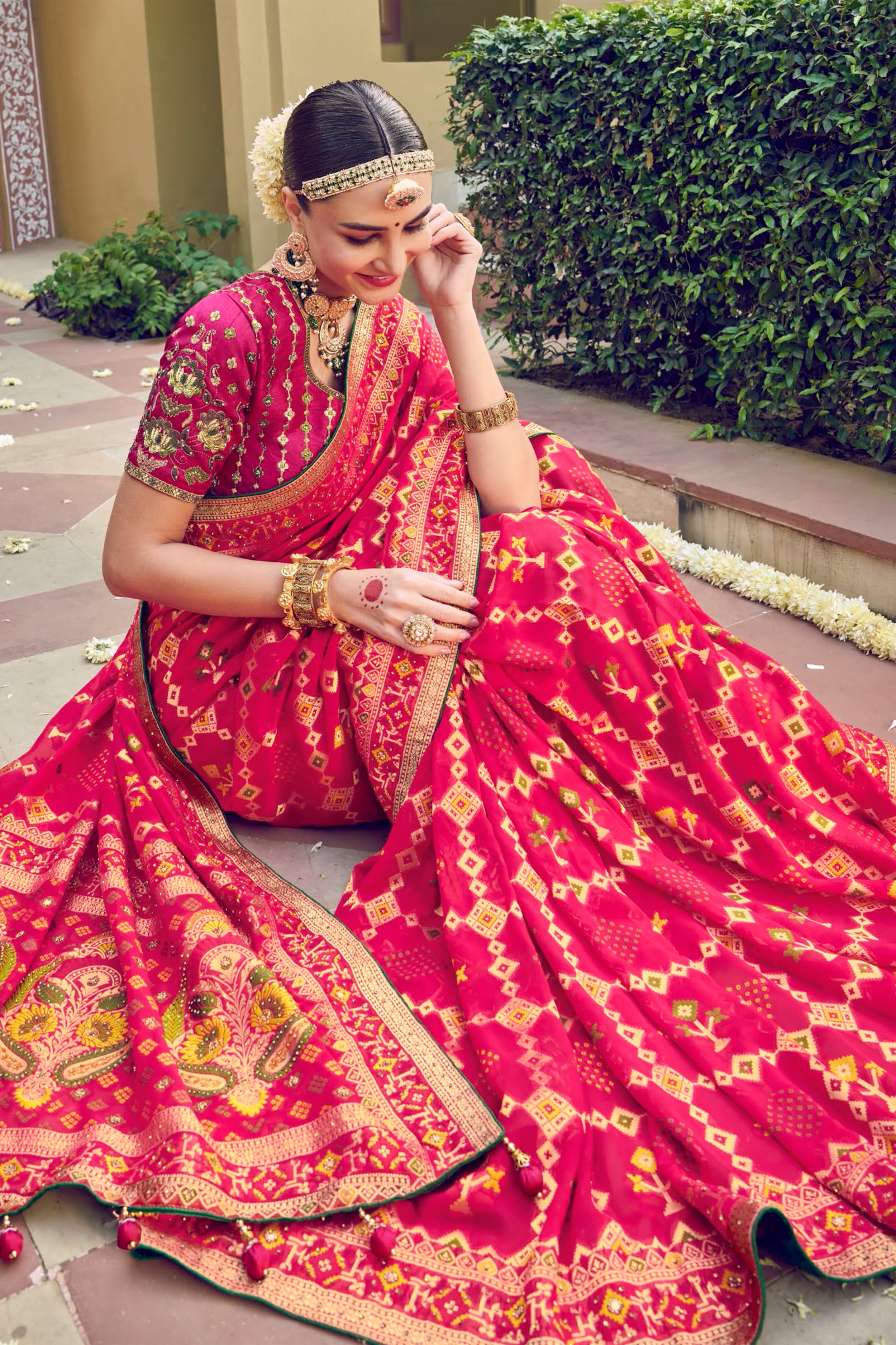 Ready To Wear Red Bandhani Print Saree With Hand Embroidered Blouse SA00806, Nepali Traditional Blouse