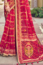 Crimson Red Pure Georgette & Viscos Bandhani Saree With Border Latkan Pallu And Embroidered Blouse Piece