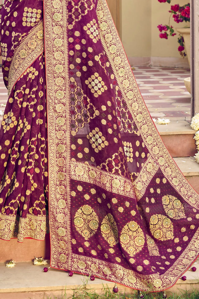 Purple Wine Pure Georgette & Viscos Bandhani Saree With Border Latkan Pallu And Embroidered Blouse Piece