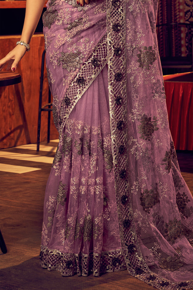 Royal Purple Digital Print Net Saree With Blouse Piece