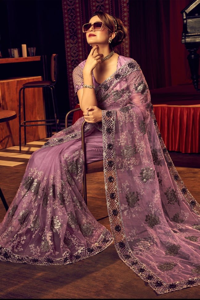 Royal Purple Digital Print Net Saree With Blouse Piece